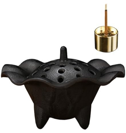 Cast Iron Incense Burner with 9-Hole Copper Incense Holder - Works for Incense Sticks, Cones, Resins, and Wax Melts, Log Burner Wax Melts Warmer (L)