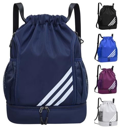 Veftsvy Turnbeutel mit Kordelzug, Wasserdicht Sportbeutel mit Schuhfach, Sportrucksack Gym Bag mit Innentasche, Außentasche, Sporttasche für Herren Damen Jungen (Dunkelblau, Einheitsgröße)