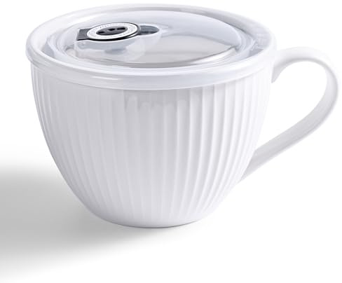 Hoilse Ceramic Soup Bowl with Handle – Large 680ml Microwave Soup Mug with Lid, Soup Container & Cup for Ramen, Porridge,Meal Prep, Breakfast,Ideal Housewarming Gifts (White)