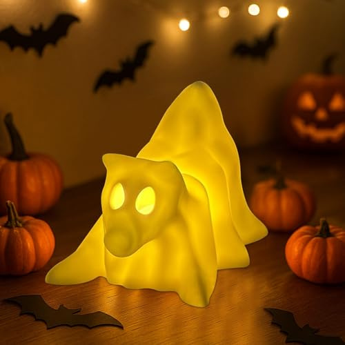 FUFRE Halloween Deko Geist Hund Nachtlicht, Geister Katze Dinosaurier Deko LED Lichter aus Harz, Halloween Tischdeko Geister Licht, Leuchtende Geister Tier Figure für Helloween Zimmer Innen Tisch (C)