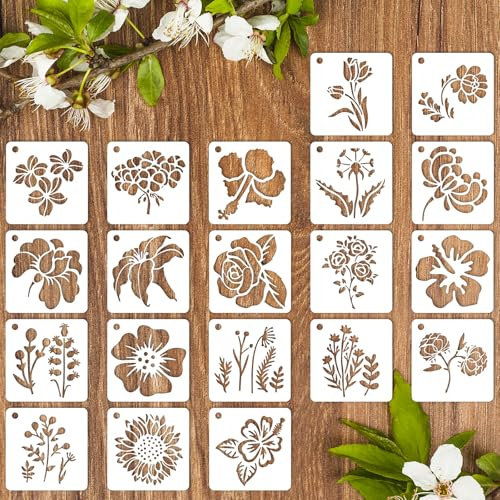 20 Pcs Flower Stencils for Painting, Reusable Flower Stencils for Crafts | 3 x 3 Inch Floral Stencil Templates with Leaf Vine Designs for DIY Crafts Wood Walls Canvas Home Decor