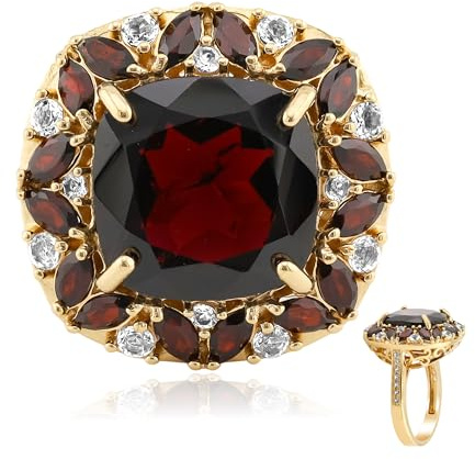 Cavill Indischer Granat Ring 10,88 ct vergoldet 925er Sterling Silber mit Antikem Kissenschliff & Marquise Granaten, Weißen Topasen, Eleganter Statement-Ring in Rot-Gold 27x21 mm
