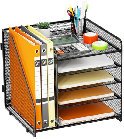 Volmop Desk Organizers and Accessories, 5 Tier Desk Organizer with File Holder, Stackable Letter Tray Storage for Office Supplies, Schwarz