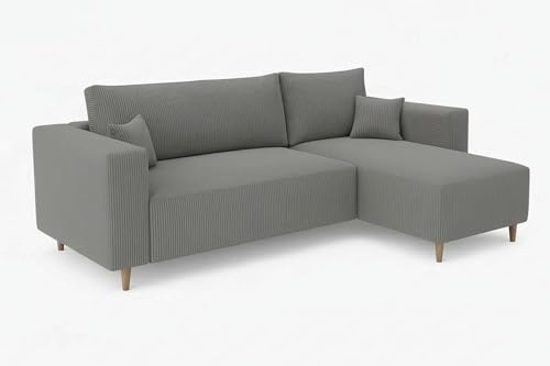 MARPUR Ecksofa Rio, Eckcouch in L-Form mit Schlaffunktion und Bettkasten, Farbe: Grau, Cordstoff, Ottomane Universal