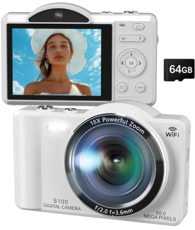 5K 80MP Digitalkamera Kamera, Digital Kamera für Vlog mit WLAN, 2.8 Kompakte Kamera für Anfänger, 18X Digitalzoom, Autofokus, mit 64GB Karte, 2 Akkus, Fotoapparat für YouTube Anfänger Erwachsene