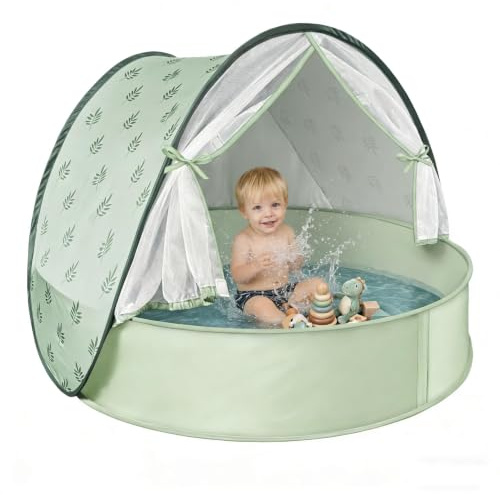 Baby Strandzelt mit Pool, UPF 50+ UV-Schutz, Pop-Up Strandmuschel für Babys & Kinder, Automatischer Aufbau, Windschutz, inkl. Tragetasche und Heringen, ohne Belüftungsfenster auf der Rückseite, grün