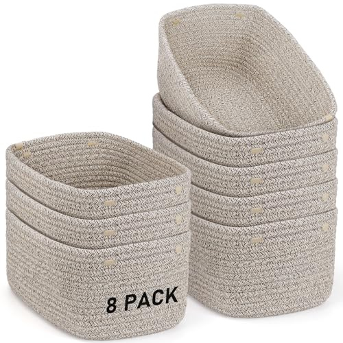 LYCN 8 Pack Cotton Rope Storage Baskets, 29x19x12cm Small Woven Linen Shelf Baskets, Rectangular Bathroom Storage Organiser Bins for Shelves Cupboard Nursery Toys Drawer Closet (Brown)