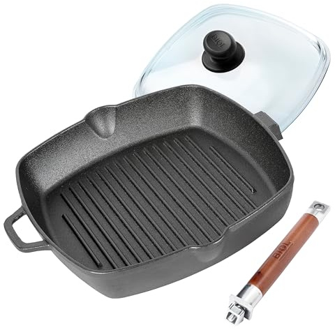 BIOL Quadratische Grillpfanne aus Gusseisen 26×26 cm – Für Induktion, Backofen & Grill (mit Deckel)