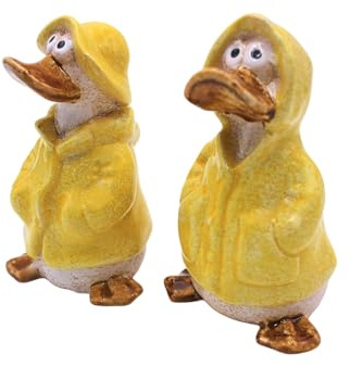 2er Set Dekofiguren , Gartendeko Regenenten, Deko-Enten, Entenfiguren, Gartenfigur Ente, Teichfigur Ente in gelb mit Regenmantel und Mütze als 2er Set, Größe einer Gartenfigur, L/B/H 6 x 6 x 11 cm.