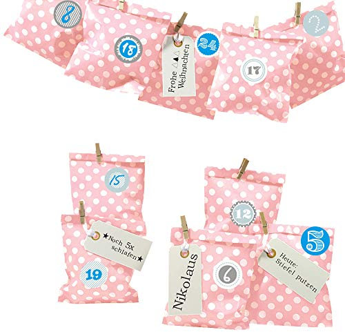 Frau WUNDERVoll® DIY Adventskalender zum Befüllen Bescherung: Set Punkt 148, Papiertueten flach 13x16,5cm, rosa Punkt, Ziffern blau