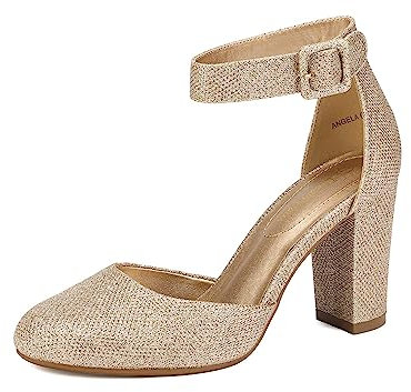 DREAM PAIRS Womens High Heels Closed Toe Court Shoes Block Ankle Strap Ladies Sandals for Wedding,Size 7.5,Gold/Glitter,Angela