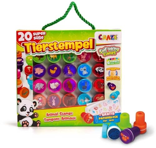 CRAZE Stempel Kinder mit Tiermotive Stempelkoffer 20 Stempelkissen Kinder abwaschbar Stempelset Kinder inkl. Papierblock Stempelkissen bunt Bastelset Kinder 17784