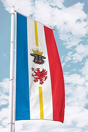 Deitert Bundesland-Flagge Mecklenburg-Vorpommern – 120x300 cm Mecklenburg-Vorpommern Flagge mit Wappen, Fahne für Ausleger aus reißfestem Polyester