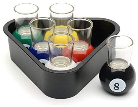 CKB LTD 6 Pool Ball Shot Glasses with Triangle Rack Serving Tray - Table Billiards Novelty Drinking Games Room Home Bar Set