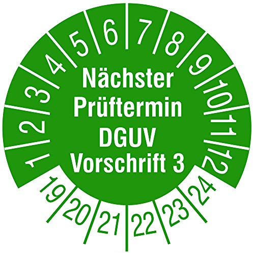 TE-Office 1000 Stück Nächster Prüftermin DGUV Vorschrift 3 Ø 30 mm 2019-2024 Rolle Prüfmarken Prüfplaketten Jahresprüfplakette Jahreszahl Aufkleber Laminiert Grün