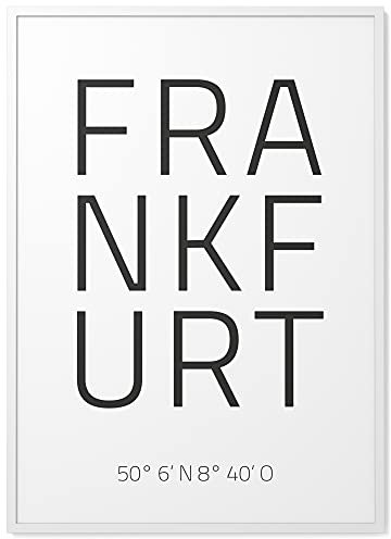 Papierschmiede® Geo Poster Koordinaten Frankfurt, A3 Gerahmt im Holzrahmen (weiß), Stadt Bild als Wanddeko für Wohnzimmer Schlafzimmer Küche Esszimmer, Frankfurt am Main
