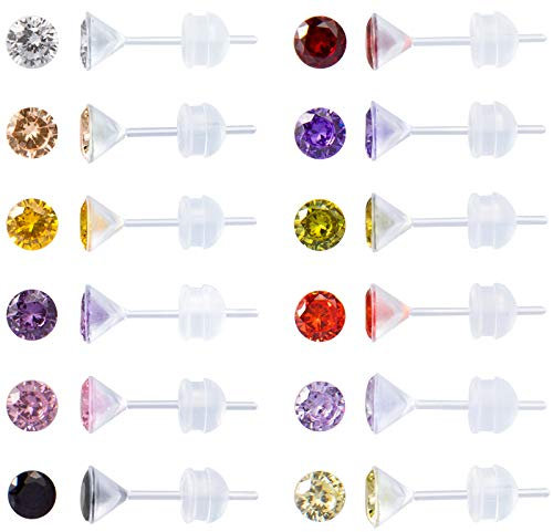 12 Paar Kunststoffohrringe für empfindliche Ohren, Ohrstecker aus Kunststoff für Frauen, Birthstone Zirkonia Ohrstecker Set 2mm (2mm)