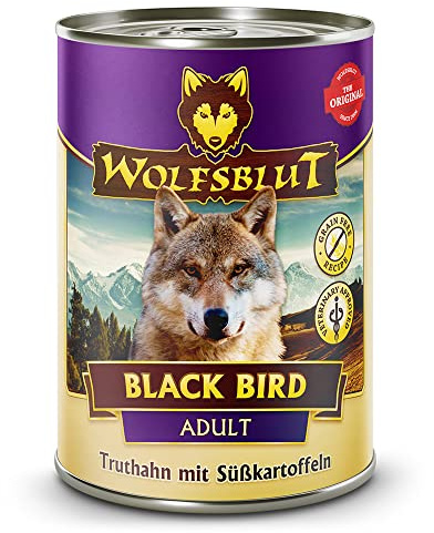 WOLFSBLUT – Black Bird Adult | Nassfutter mit natürlichen Zutaten und Superfoods für ausgewachsene Hunde. Getreidefreies Alleinfutter ohne Zusatzstoffe in der Dose | 6x395g Truthahn