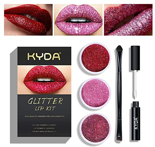 KYDA 3 Farben Glitter Lip Kit, Diamond Metallic Hochwertiges Puder für Lippenkosmetik, Glitter Lips Makeup, mit Lip Primer und Pinsel, langanhaltend, tierversuchsfrei (Set A)
