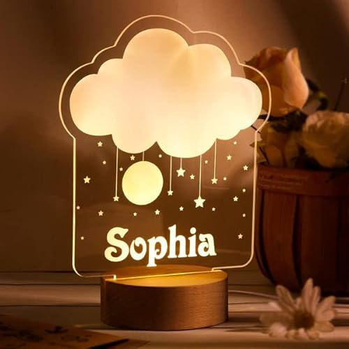 Soview 3D LED Lampe Nachtlicht Kinder Personalisiert mit Name Arcyl Nachtlampe Raumdekoration Geschenk für Baby mädchen junge Geburtstag Weihnacht Wolke