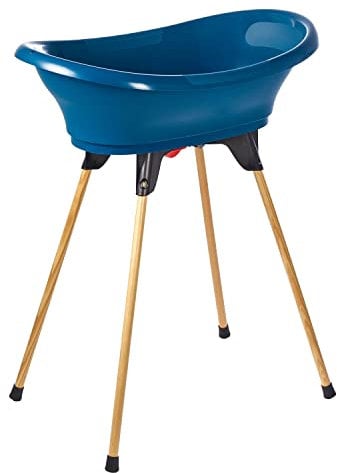 THERMOBABY - Kit de bañera para bebé, diseño de vasco, base de madera y manguera de drenaje, innovación patentada, plegable y estable, puede acoger una tumbona de baño – Fabricado en Francia – Azul