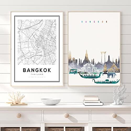 Tongda Decor Thailand City Map Poster Bangkok Skyline Travel Modern Wall Art Prints Home Decoration Picture Canvas Painting 35x52cmx2pcs Rahmenlos