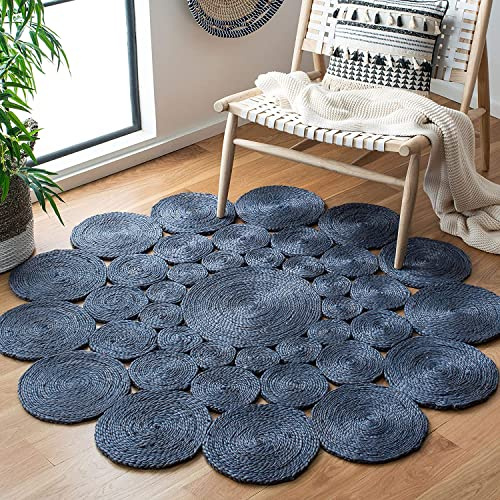 Vipanth Exports Juteteppich, natürlich, handgeflochten, Kreis-Design, runder Teppich für Wohnzimmer (blau, 90 x 90 cm rund)