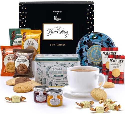 Hattie’s Gifts Birthday Hamper Gift Set – Luxury Afternoon Tea & Sweet Treats Selection, Includes Clotted Cream Fudge & Shortbread – Gourmet Gift for Her & Him