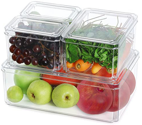 Winter Shore Kunststoff-Kühlschrank Organizer mit Deckel [4 Stk] Stapelbare, BPA-freie Küchen Organizer - Küche Aufbewahrung & Organisation, Transparente Speisekammer & Kühlschrank Aufbewahrung