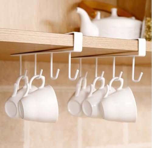 QINGHEC 3 Pack White Cup Holder Under Cabinet,Under Cupboard Cup Holder Rack,No Drilling Under Shelf Mug Holder with Adhesive Screws,Mug Hanger Under Shelf for Restaurant Coffee Shop Bar Kitchen