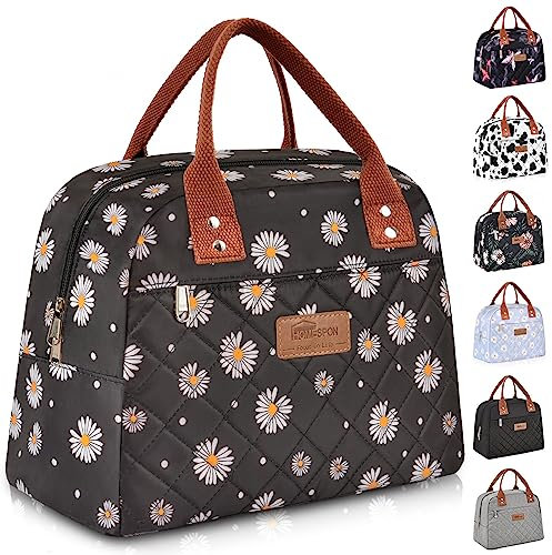 HOMESPON Insulated Lunch Bag for Women Adult Work Ladies Men Cool Bag Lunch Box Container Tote Bags for School Picnic or Travel(Black Daisy)