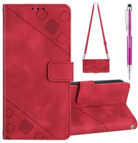 Grandoin Kompatibel mit Samsung Galaxy A21S Hülle mit Band, Handykette Handyhülle mit Band Lederhülle Klappbar Flip Case Tasche Magnet Kartenfach Handyband zum Umhängen Schutzhülle mit Kette (Rot)