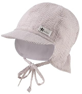 Sterntaler Schirmmütze mit Nackenschutz Streifen und Bindeband - Schirmmütze für Jungen aus gecrashtem Mischgewebe mit Ohrenklappen - Schirmmütze für Babys mit UV -Schutz 50+ - blassbraun, 47