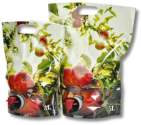 AGRI plus Standbodenbeutel 5 Liter I 100 Stück I Hochwertige Saftbeutel mit Apfel-Motiv I Faltbarer Camping- & Festival-Trinkbeutel mit Zapfhahn I Bag-in-Box-Beutel für Apfelsaft, Saft & Wein
