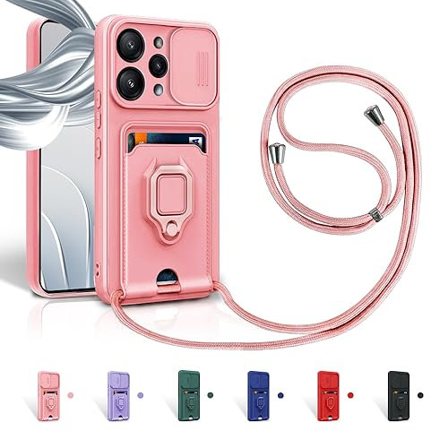Aithne Funda con Cuerda para Xiaomi Redmi 12 Case con Ranura para Tarjetas,360 Anillo función de Soporte Cubierta -Pink