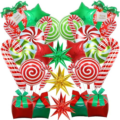 Weihnachts Helium Ballons, 30 Stk Weihnachten Deko Luftballons Set Süßigkeiten Zuckerstangen Geschenkbox Explosion Stern Folienballons, Weihnachtsdeko Ballons für Kinder Christmas Party Dekoration