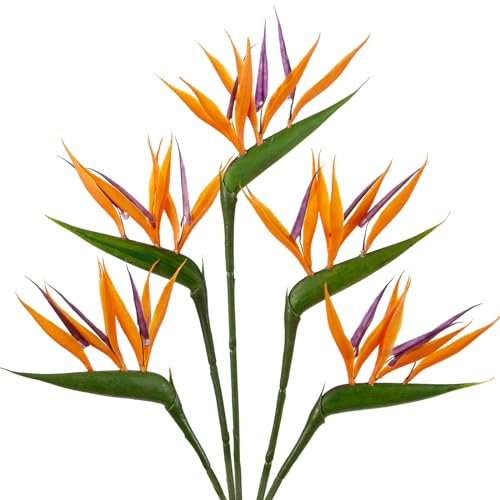 Lot de 5 fleurs artificielles Oiseau de paradis 66 cm - Plantes vertes décoratives - Fausse tige - Arrangements floraux - Pour la maison, le jardin, le bureau, la véranda, la décoration de mariage -