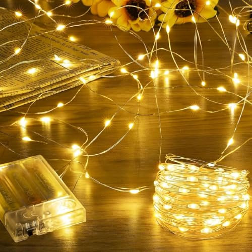 Fairy Lights Battery Operated, 2 * 5M String Lights Waterproof Silver Wire 16 Feet 50 Led Starry Lights for DIY Christmas Garland Wreath Home Wedding Party Bedroom Holiday Aesthetic Decor, Warm White