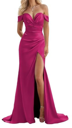 Abito da sera da donna in raso con scollo a V, lungo, con spalle scoperte, stile sirena, con spacco, Fucsia, 50