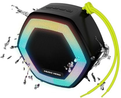 Music Hero Funklautsprecher, 5 Watt, wasserdicht IPX5, LED, mit Umhängeband, Multi-Input, Multifunktionstasten, schwarz/weiß
