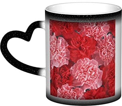 CPEOWZL Tasse mit rosa Pfingstrosen, bedruckt, Farbwechsel, Schwarz – einzigartiges Herz-Design – Farbwechsel-Tasse