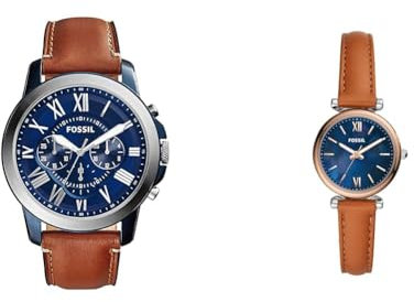 Fossil Grant Uhr für Herren, Quarz-Chronographenwerk, mit Edelstahl- oder Lederarmband, Braun, 44MM & Damenuhr Carlie Mini, Quarzwerk, 28mm Silbernes Edelstahlgehäuse mit Lederarmband, ES4701