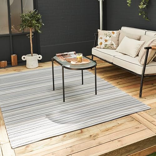THE RUGS Rainbow Collection Outdoor Rug - Easy to Clean, Waterproof Plastic Outdoor Rugs for Garden, Patio, Balcony, Camping - Vibrant Plastic Straw Rug - Threads Grey, 150x220