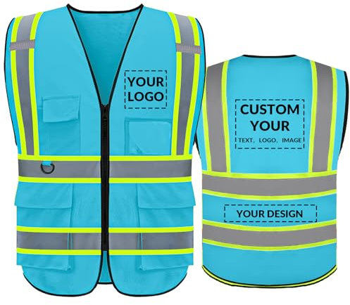 Shmimy Personalisierte Sicherheitsweste Warnweste mit Text oder Logo und 5 Mehreren Taschen Hohe Reflektivität Warnschutz Arbeitsweste Sicherheitsweste (Blau-M)