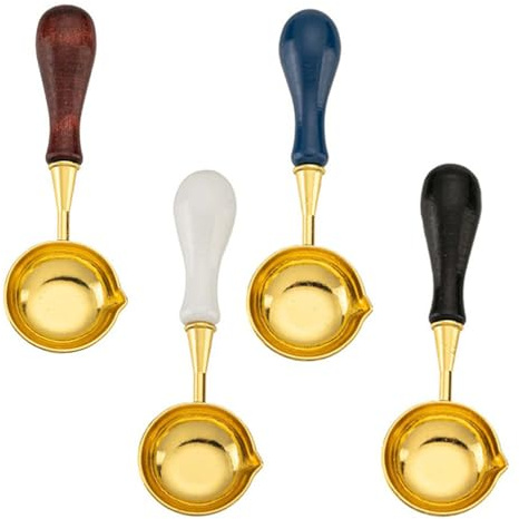 Wax Seal Spoon, Wanfoou 4 Pcs Wax Sealing Melting Spoon Brass Vintage Wooden Handle for Seal Stamp Envelope Art Craft for Seal Stamp Envelope Art Craft Projects