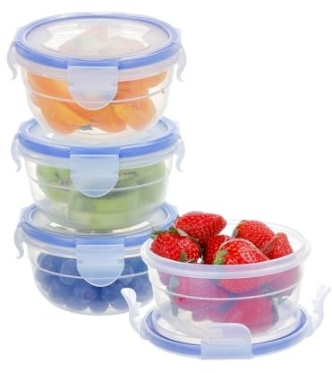 EASYLOCK 4er Schüssel Set 0,3L Kunststoff Frischhaltedosen mit Deckel Rund BPA-frei Gefrierdosen Klein Stapelbar, Luftdicht, Spülmaschinen-, Mikrowellen-, und Gefriergeeignet (Blau)
