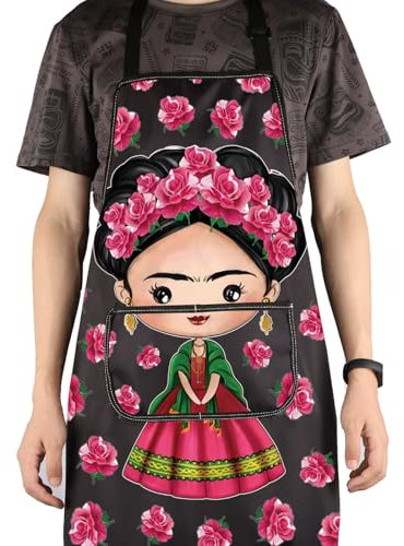 AKTAP Divertido delantal de tazas de café mexicano ajustable con bolsillos, decoración temática mexicana, regalo, AP., Flower Apron-PY1