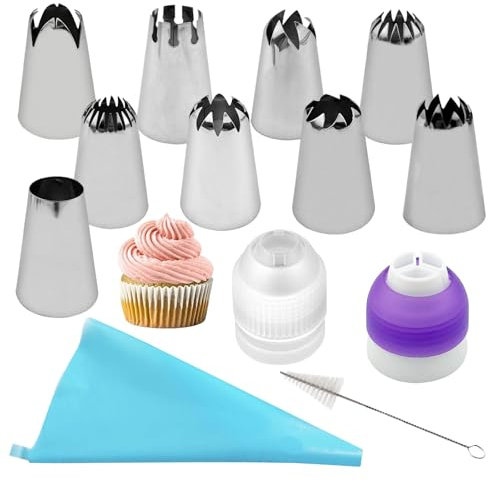 LdawyDE - Vaso para repostería (13 unidades, 9 boquillas para repostería, 1 bolsillo de silicona, reutilizables, 2 acoplador, 1 cepillo de limpieza, para decoración de tartas, pasteles y magdalenas