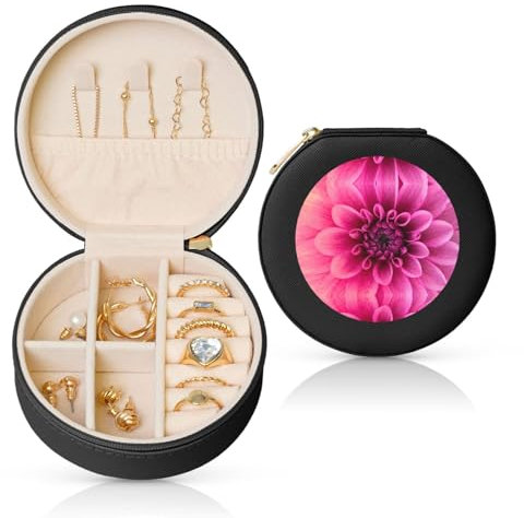 SGZLZBWK Pink Dahlia Print Round Leather Jewelry Box - Portable Storage For Rings, Necklaces, Bracelets Storage