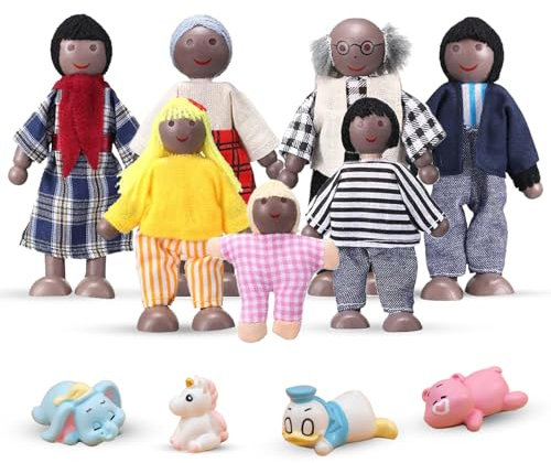 XSYKJGS Lot de 11 poupées en bois pour maison de poupée, poupées pliantes avec bébé éléphant bleu, licorne, capuchons bleus, canard et ours rose pour maison de poupée
